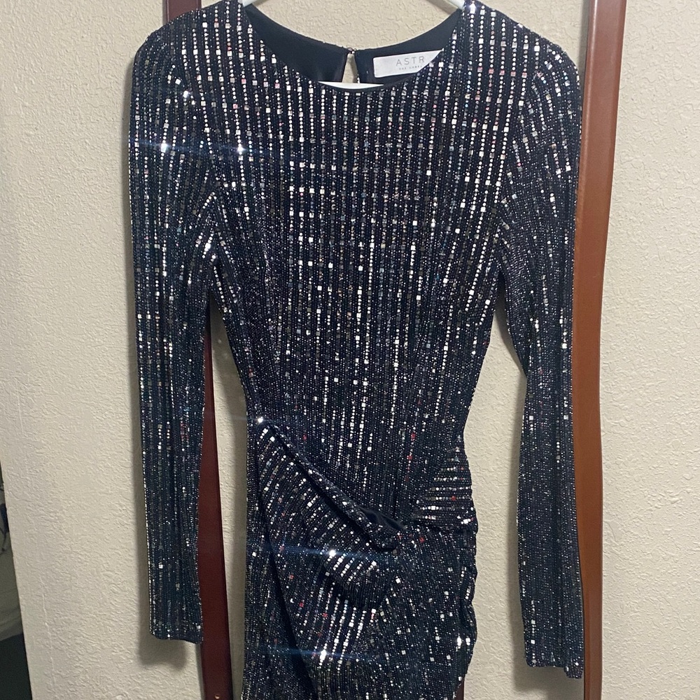 Astr Shimmering Black and Silver Long Sleeve Dress